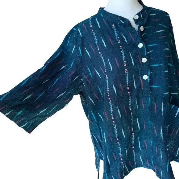 Market Place Handwork Of India Blue Cotton 3/4 Length Sleeve Tunic Size 1W - Picture 2 of 10